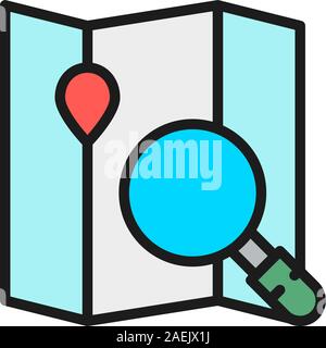 Map under a magnifying glass, navigation flat color line icon. Stock Vector
