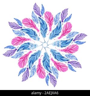 Watercolor mandala of feathers. Boho style frame. Hand-drawn circular pattern. Stock Photo