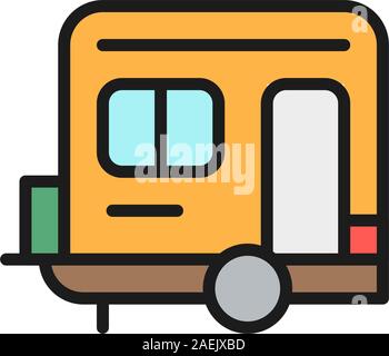 Vector camping trailer, caravan, camper flat color line icon. Stock Vector