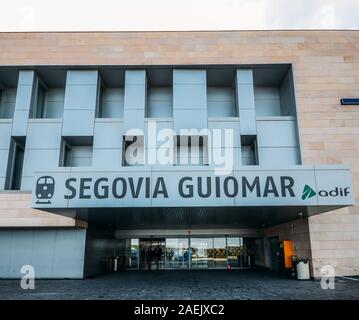 Segovia, Spain - Dec 9, 2019: Entrace facade to Segovia Guiomar rail station, Spain Stock Photo