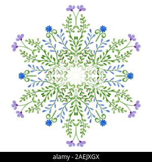 Watercolor mandala. Circular hand-drawn design with spring flowers and branches Stock Photo