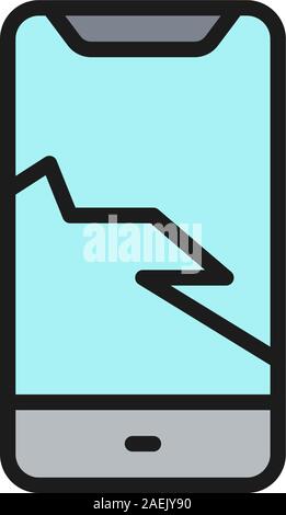 Cracked smartphone screen flat color line icon. Isolated on white background Stock Vector