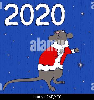 Chinese Zodiac Sign Rat in Santa jacket, symbol of New Year on the Eastern calendar, hand drawn illustration on the muted pattern with star, backgroun Stock Vector