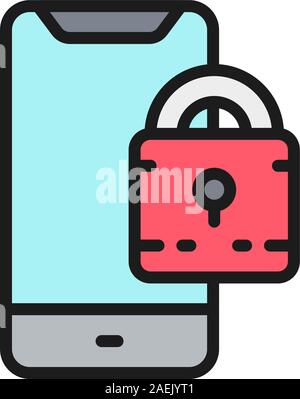 Padlock with phone, locked smartphone flat color line icon. Stock Vector