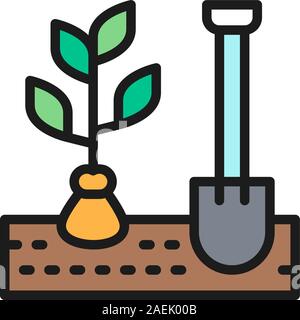 Digging up plants, planting tree, trees with shovel flat color line icon. Stock Vector