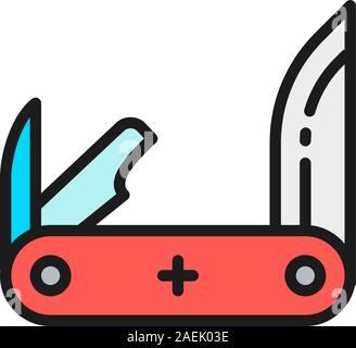 Vector jackknife, pocket knife, multitools flat color line icon. Stock Vector