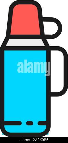 Vector thermos with a cup flat color line icon. Stock Vector