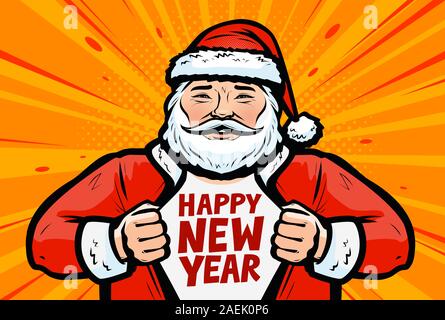 Happy New Year greeting card. Santa Claus in pop art retro comic style. Cartoon vector illustration Stock Vector