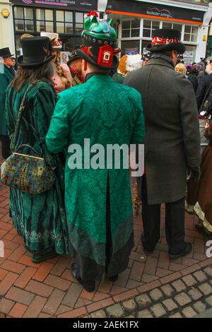 Rochester, Kent, UK - 8 December 2019: A group  dressed in Steampunk costume particiapte in the main parade on Rochester High Street. Hundreds of people attended the Dickensian Festival in Rochester. The festival's main parade has participants in Victorian period costume from the Dickensian age. The town and area was the setting of many of Charles Dickens novels and is the setting to two annual festivals in his honor. Photos: David Mbiyu/ Alamy Live News Stock Photo