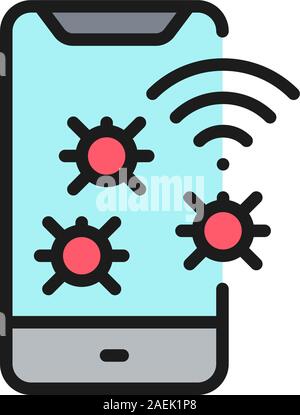 Vector phone virus, mobile spam flat color line icon. Stock Vector