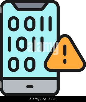 Mobile screen with binary code, mobile software problems flat color line icon. Stock Vector