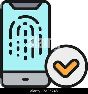 Unlocking the smartphone fingerprint, finger print identification flat color line icon. Stock Vector