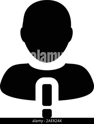 Warning icon vector male person profile avatar symbol with alert sign in a glyph pictogram illustration Stock Vector