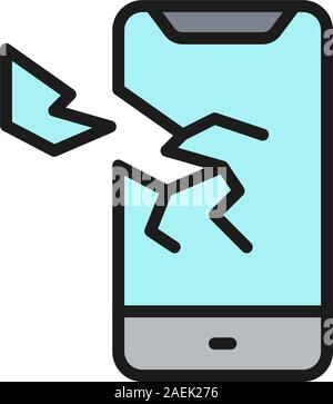 Vector broken smartphone, phone crashed flat color line icon. Stock Vector
