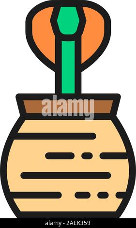 Cobra in jug, trained snake flat color line icon. Stock Vector