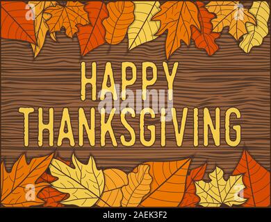 Happy Thanksgiving, Leaf Concept Banner on Wooden Background. Leaf Fall and Autumn Symbol, Icon and Badge. Cartoon Vector illustration. Stock Vector
