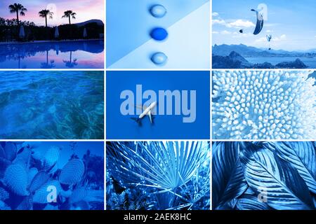 Collage with Classic Blue color of the year 2020. Trend color layout. Holiday and party lifestyle concept. Stock Photo