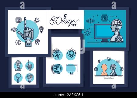 five designs of intelligence artificial and set icons Stock Vector