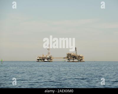 Offshore oil and gas drilling platform or rig in the Gulf of Mexico off the coast of Alabama, USA. Stock Photo