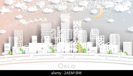 Oslo Norway City Skyline in Paper Cut Style with Snowflakes, Moon and Neon Garland. Vector Illustration. Christmas and New Year Concept. Santa Claus. Stock Vector