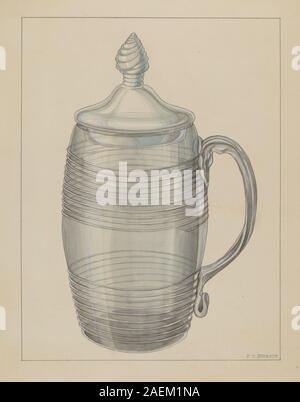 This circa 1936 covered mug by Philip Johnson is a ceramic vessel with a handle and lid, designed for holding beverages and featuring simple decorative elements typical of Pennsylvania German pottery. Stock Photo