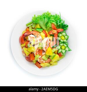 Stir Fried Shrimps with vegetable in Sweet and Sour Sauce Asian Food dish style decorate carved cucumber and chili peppes top view Stock Photo