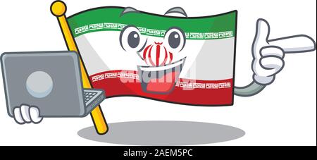 Happy smiling flag iran cartoon character working with laptop Stock Vector