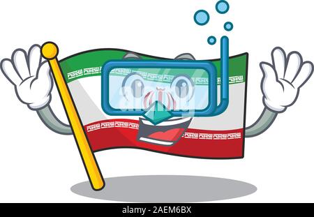 Smiling flag iran cartoon character style wearing Diving glasses Stock Vector