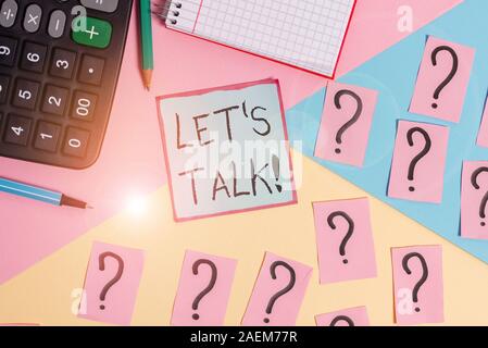 Conceptual hand writing showing Let S Talk. Concept meaning they are suggesting beginning conversation on specific topic Mathematics stuff and writing Stock Photo