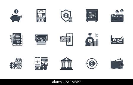 Banking icons set. Related vector glyph icons. Stock Vector