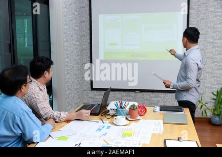 Graphic designers work together with UX UI designer planning application template layout framework for mobile phone computer mobile Stock Photo