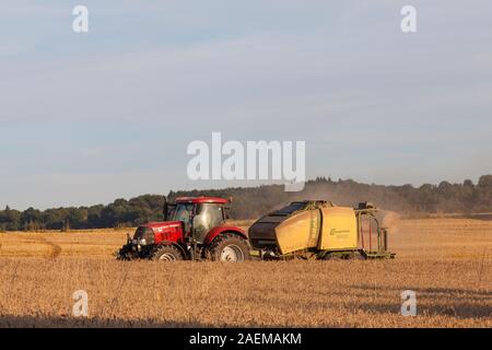 Farmer working long hours baling wheat at sunset in a wheatfield on his farm with a Krone Comprima CV 150 XC baler and Case Puma 160 tractor Stock Photo