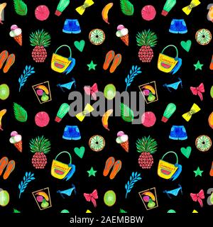 Watercolor illustration seamless pattern set of summer travel items. Clothing fruit food on black isolated background Stock Photo
