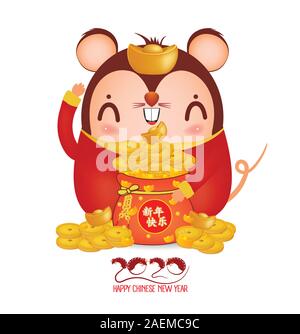 Happy New Year 2020. Chinese New Year gold, coin. The year of the rat. TranslationTranslation Happy New Year Stock Vector