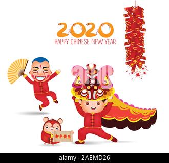Lion Dance Chinese New Year 2020. The year of the rat. Vector illustration isolated on a white background. Translation Chinese new year Stock Vector