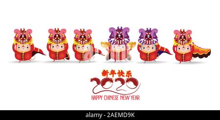Lion Dance Chinese New Year 2020 with rat. The year of the rat. Vector illustration isolated on a white background. Translation Chinese new year Stock Vector