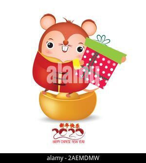 Happy New Year 2020. Little rat with Chinese gift. The year of the rat. Translation Happy New Year. Rat Cartoon vector illustration isolated on a whit Stock Vector