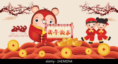 Happy New Year 2020. Little rats holding a sign golden Chinese characters. The year of the rat. Translation Happy New Year Stock Vector