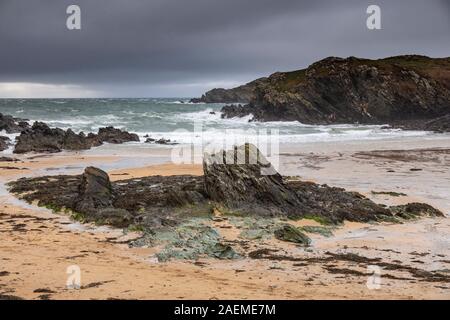 Stormy weather at Porth Dafarch, Anglesey on the North Wales coast Stock Photo