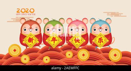 Happy New Year 2020. Five little rats holding a sign golden Chinese characters. . The year of the rat. Translation Happy New Year Stock Vector