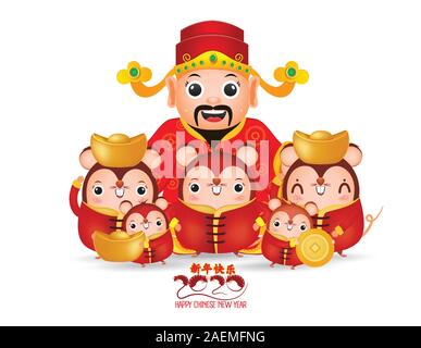 2020 Chinese new year - Year of the Rat. Set of cute cartoon rat and Chinese God of Wealth in different pose isolated on white background. Translation Stock Vector