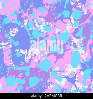 Blue pink purple white ink paint splashes camouflage vector colorful seamless pattern Stock Vector