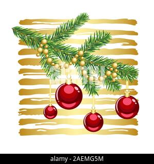 Christmas fir tree branch decor with beads and red ornaments on the golden striped background Stock Vector