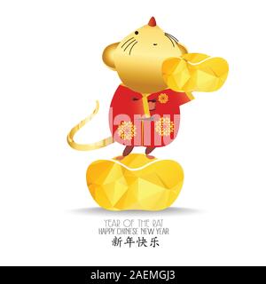 Little rat with holding chinese gold , Ingot. zodiac mice of Animal lucks year 2020 of the rat. Chinese New Year. Cartoon vector illustration isolated Stock Vector