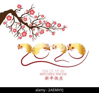 Chinese new year 2020 year of the rat , red and gold paper cut rat character, flower and asian elements with craft style on background. (Chinese trans Stock Vector