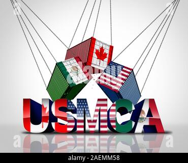 USMCA agreement or the new NAFTA United States Mexico Canada legislation with north america flags as a trade deal negotiation and economic deal. Stock Photo