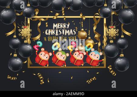 Happy New Year 2020 - New Year Shining background with rat and balls Stock Vector