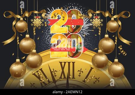 Happy new year 2020 background with christmas clock gold and firework Stock Vector