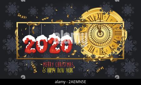 Happy new year 2020. Gold glitter. Golden clock isolated on black background Stock Vector