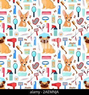 pattern with grooming tools and dogs Stock Vector